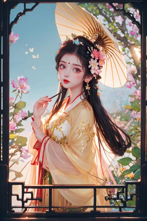 1girl, umbrella, absurdly long hair, large breasts, 
<lora:shanzhagaoSomeSortOf_v1Epoch10:1> child, HANFU, RED LIPS, LIGHT RAYS, EAST ASIAN ARCHITECTURE,
detailed background, chinese clothes, hair ornament, flower, hair flower, window, lattice,from outside, long sleeves, black hair, hair bun, wide sleeves, petals, jewelry, pink flower, butterfly, branch, bug, earrings, looking at viewer,  upper body, hands up,  facial mark, makeup, glowing, light particles, atmospheric lighting