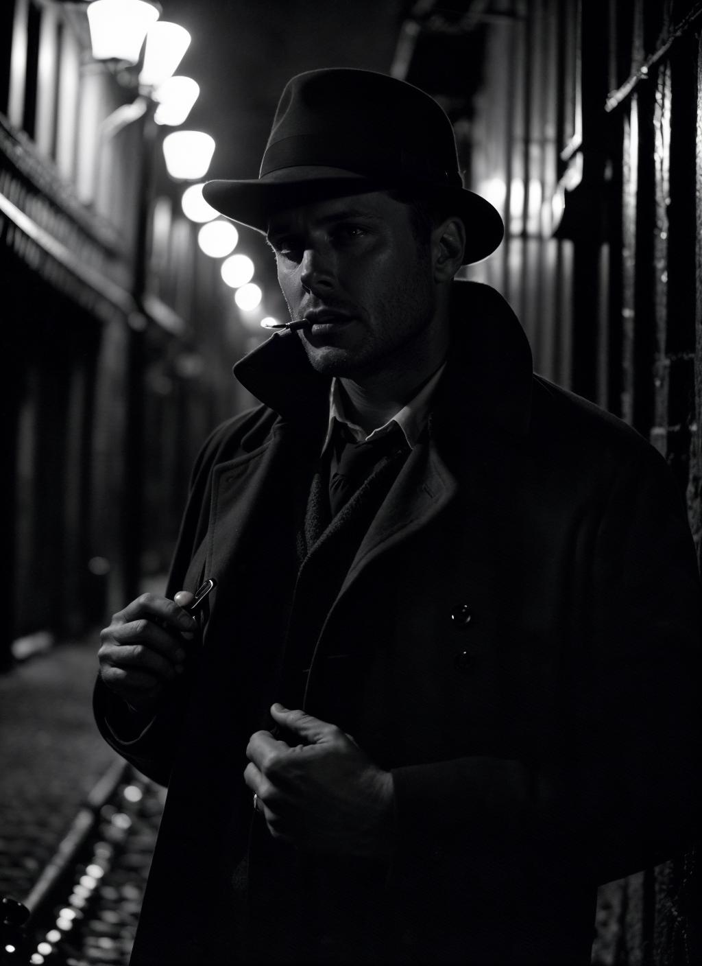 Arafed man in a hat and coat standing in a dark alley - SeaArt AI