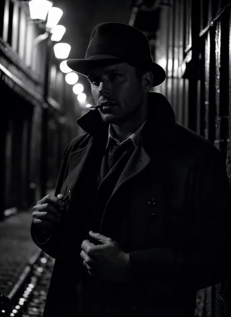 photo of 25 years  sks person, natural lighting <lora:skin_slider_v2_1_FACE:0.3> <lora:add_detail:0.7>,  epiCPhoto, <lora:locon_jensenackles_v1_from_v1_64_32:1>, man, vintage detective style, analog photograph of a rugged detective in a dimly lit alleyway, investigating a mysterious case, retro trench coat and fedora hat, 35mm film grain, focused detective gaze and eyes, (shadowed eyes) <lora:epiNoiseoffset_v2:1>, ((nighttime)) Vintage Photography taken on a Leica M6 of a [Sleuth:1.3] Mysterious (detective) in a [Investigative Pose:1.4], Noir Lighting. Pulitzer Prize Winning Shot, Square image, (Detective Features), (Shadowed Eyes), Film Noir Atmosphere, Captured by [Diane Arbus], Smoking Pipe, (Mysterious Case), ((alleyway))