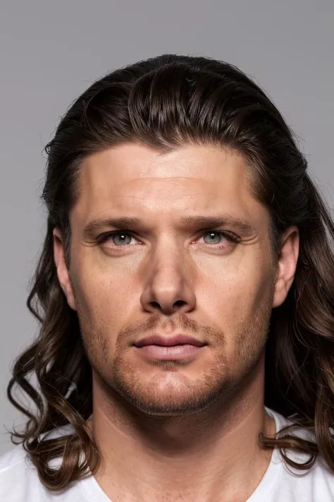 sks person, man, professional studio portrait, male portrait, face, highly detailed, stubble, serious look, realistic, gradient background, (long curly hair), white shirt, tie,
<lora:locon_jensenackles_v1_from_v1_64_32:0.8>