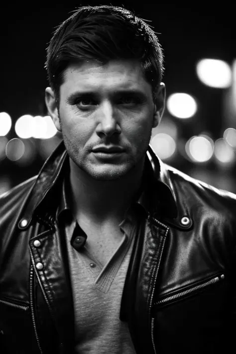 sks person, man, leather jacket, rainy day, at night, shallow depth of field, bokeh, portrait, highly detailed, realistic, cinematic, stubble, gritty, film noir, monochrome, hard shadows, dramatic light, deep black color,
<lora:locon_jensenackles_v1_from_v1_64_32:1>