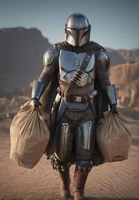 (upper body1.5) hyper-realistic photo of Mandalorian Pedro Pascal <lora:Mandalorian_Din_Djarin_SDXL:0.8> is carrying a baby Yoda in a brown bag while carrying a large load of supplies and packages, in a desert environment, 8k uhd, dslr, intense gaze, furrowed brow, dramatic shadows, worn body armor with intricate details, soft lighting, high quality, intricate details, masterpiece, trending on artstation, realistic, Cinematic, epic, action packed, incredibly detailed and realistic, magnificent, vignette, high budget, bokeh, moody, sharp, highly detailed, concept art, realistic hands, dynamic pose, dynamic shot, fantastic location, majestic cluttered environment, 8k unity render, action shot, skin pores, detailed, detailed face, (vibrant, photorealistic, realistic, dramatic, dark, sharp focus, 8k), (intricate:1.5), (highly detailed:1.4), octane render, sharp focus, art by artgerm, (loish:0.23) , wlop ilya kuvshinov, and greg rutkowski and alphonse mucha gracias, (global illumination, studio light, volumetric light)