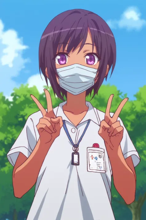 rating_safe, score_8_up, score_7_up, score_6_up, uncensored, anime screencap, flat shadows, flat colors, ogi sayuri, upper body, perspective, happy, v-hand, medical_mask_tan