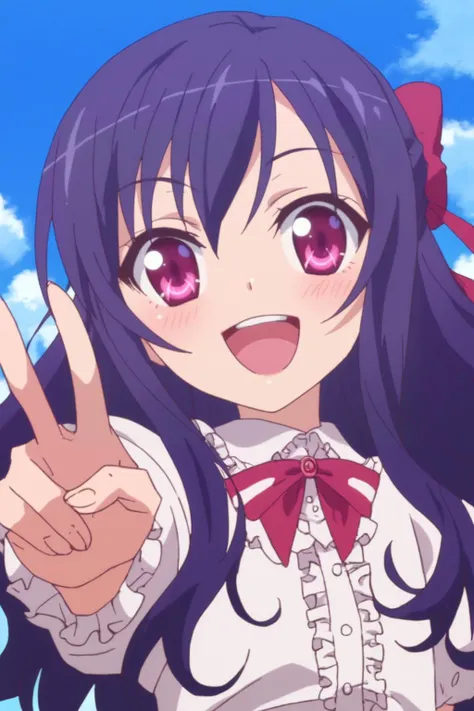 rating_safe, score_8_up, score_7_up, score_6_up, uncensored, anime screencap, flat shadows, flat colors, momijidani nozomi, upper body, perspective, happy, v-hand