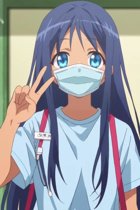 rating_safe, score_8_up, score_7_up, score_6_up, uncensored, anime screencap, flat shadows, flat colors, aigae yuzuha, upper body, perspective, happy, v-hand, medical_mask_tan