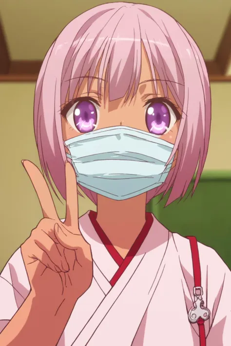 rating_safe, score_8_up, score_7_up, score_6_up, uncensored, anime screencap, flat shadows, flat colors,   ogi koume, upper body, perspective, happy, v-hand, medical_mask_tan