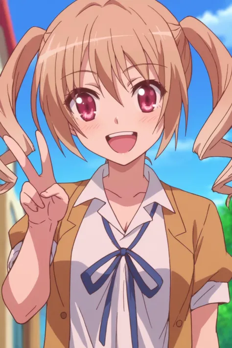 rating_safe, score_8_up, score_7_up, score_6_up, uncensored, anime screencap, flat shadows, flat colors, toriumi sakura, upper body, perspective, happy, v-hand, surgi