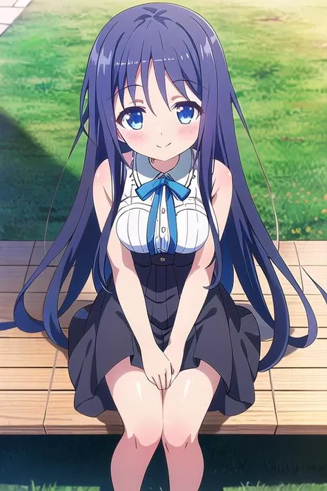 aigae yuzuha, sitting, pov, medium breast, black dress, smile, long hair, flower on hair, blushed, upper boudy, head, looking at viewer <lora:Tenshi no 3p!_aigae yuzuha:0.7>