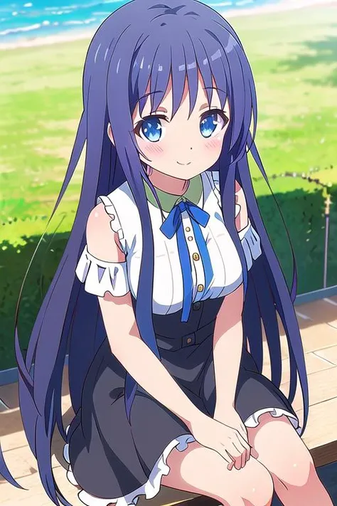 aigae yuzuha, sitting, pov, medium breast, black dress, smile, long hair, flower on hair, blushed, upper boudy, head, looking at viewer <lora:Tenshi no 3p!_aigae yuzuha:0.7>