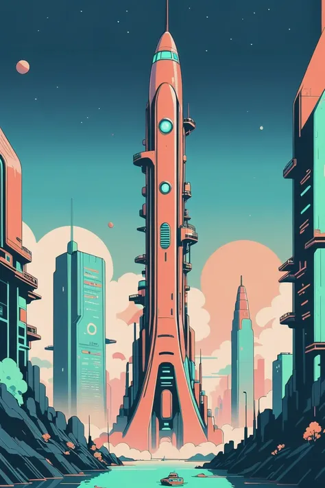 a techno-optimist,cheerful scifi vertical metropolis at the beginning of time, masterpiece<lora:EnvyCelShadedXL01:1.25>