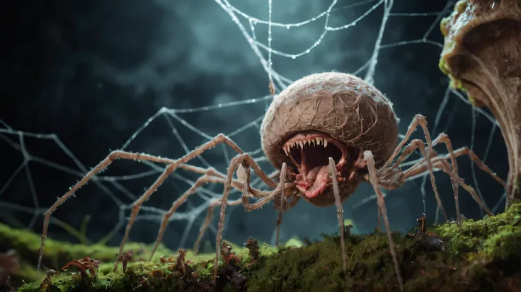 cinematic photo of a lysergic spider web closeup, full frame wide shot, a giant (cyborg mushroom spider:1.1) with mouth and long strands of teeth made of fungal webbing, gritty, textured, slick, moonlit, cinemascope, moody, epic, gorgeous, film grain, grainy . Eerie, unsettling, dark, spooky, suspenseful, grim, highly detailed, 35mm photograph, film, bokeh, professional, 4k, highly detailed . 35mm photograph, film, bokeh,<lora:EnvyCelShadedXL01:0.8> <lora:SDXL_macro_Sa_May:0.8> macro
