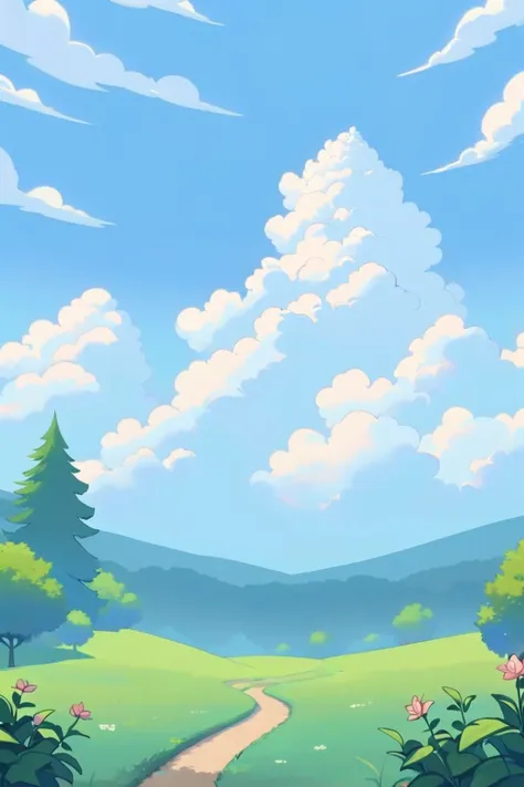 noon, blue sky, clouds, scenery, Plant Mom plain background<lora:EnvyCelShadedXL01:1.5>