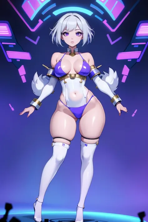 1girl, woman, scifi, cyberpunk, seductress, full body, wearing glowing neon purple lingerie, bombshell hair, deep white hair, Tapered Cut,short bombshell hair, thick thighs, narrow waist, korean, (epic scifi metropolis beyond the end of reality:1)<lora:EnvyCelShadedXL01:1.25>