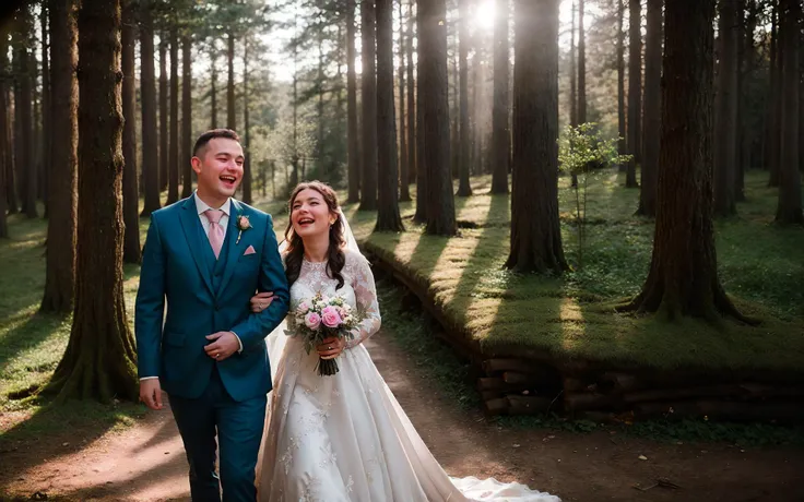 A traditional wedding photo of an European couple, taken in the forest in spring, looking at the camera, bright gleeful smile, blooper, laughter
(intricate detail), grainy, Fujifilm XT3, 55mm lens, subtle lens flares