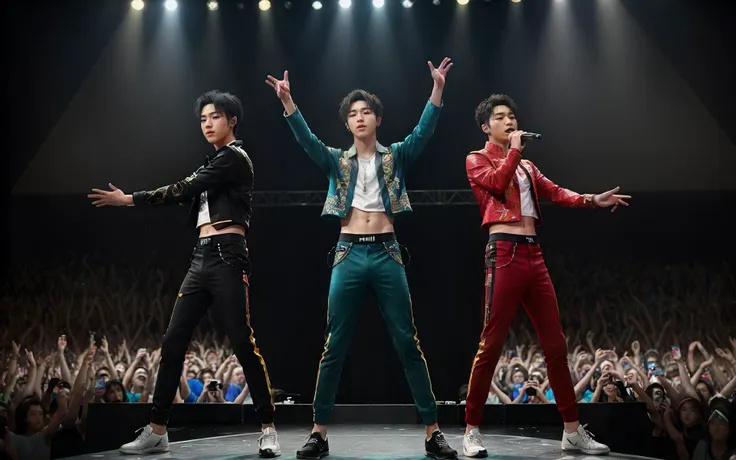 A photo of a popular K-pop boy group in concert, long pants, colorful, taken from the crowd, dancing and singing on stage, BREAK (incredible detail), real skin, high resolution, 16K, HDR, grainy, Fujifilm XT3, 115mm lens