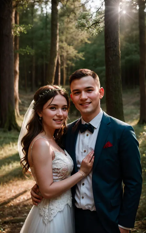 A traditional wedding photo of an European couple, taken in the forest in spring, looking at the camera, bright gleeful smile,
(intricate detail), grainy, Fujifilm XT3, 55mm lens, subtle lens flares