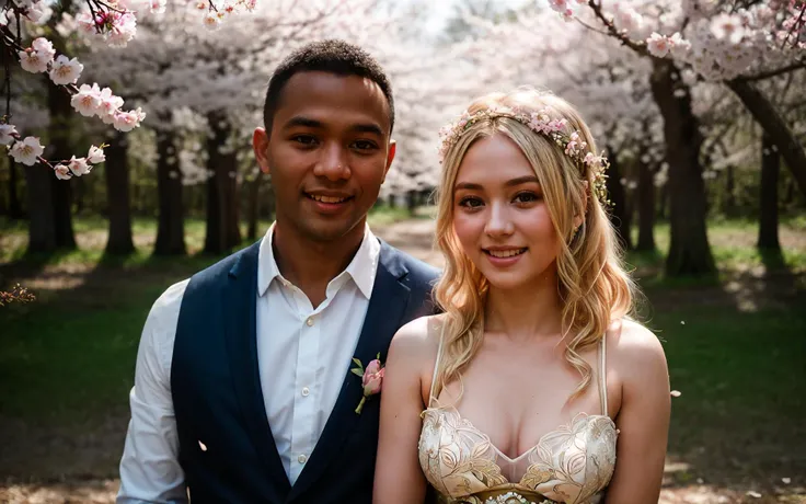 A traditional wedding photo of an European couple: a blonde woman and a dark man, taken in the forest in spring, looking at the camera, bright gleeful smile, cherry blossoms,
(intricate detail), grainy, Fujifilm XT3, 55mm lens, subtle lens flares