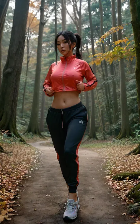 portrait of a beautiful asian woman wearing track pants, doing her morning jog through the forest in autumn