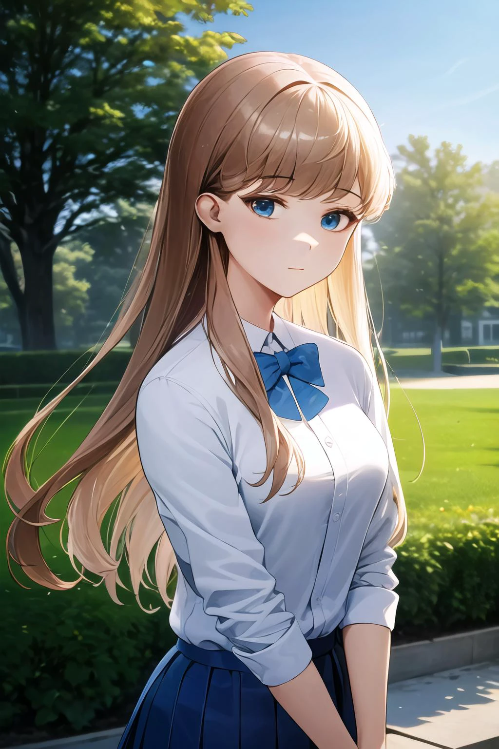 (high quality, high resolution:1.3), 4k, masterpiece, school, outdoors, park,
BREAK
<lora:Cotta_Style-21:1>, 1girl, upper body, long hair, school uniform, white shirt, skirt, blue eyes, yellow hair, breasts, medium breasts, mole under mouth, <lora:NoiseOffset_v2:1.0><lora:NoiseOffset_v2:1.0>