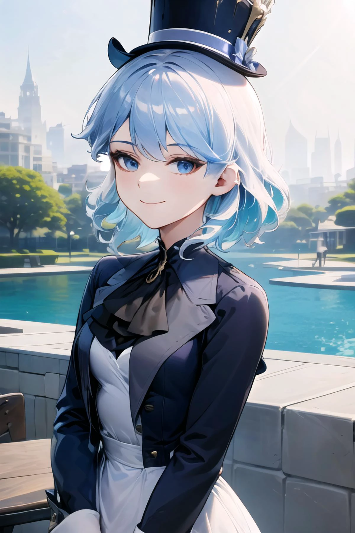 (high quality, high resolution:1.3), 4k, masterpiece, park, outdoors, detailede background, <lora:Cotta_Style-21:1>,
BREAK
1girl, solo, <lora:furina:1> furina, white hair,streaked hair,blue hair, blue eyes, top hat ,upper body, breasts, small breasts, smile, standing, looking at viewer, <lora:NoiseOffset_v2:1.0><lora:NoiseOffset_v2:1.0>