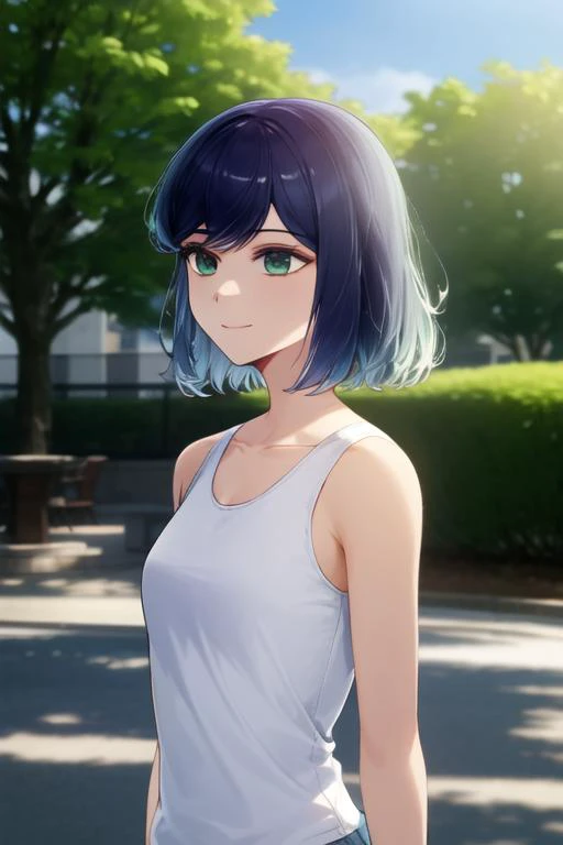 (high quality, high resolution:1.3), 4k, masterpiece, park, outdoors, detailede background, <lora:Cotta_Style-21:1>,
BREAK
1girl, <lora:akanev2:0.9> ,upper body, purple hair, green eyes,  breasts, small breasts, smile, standing,  jeans, blue jeans, tank top, white tank top, bare arms, sleeveless, bare shoulders, <lora:NoiseOffset_v2:1.0>