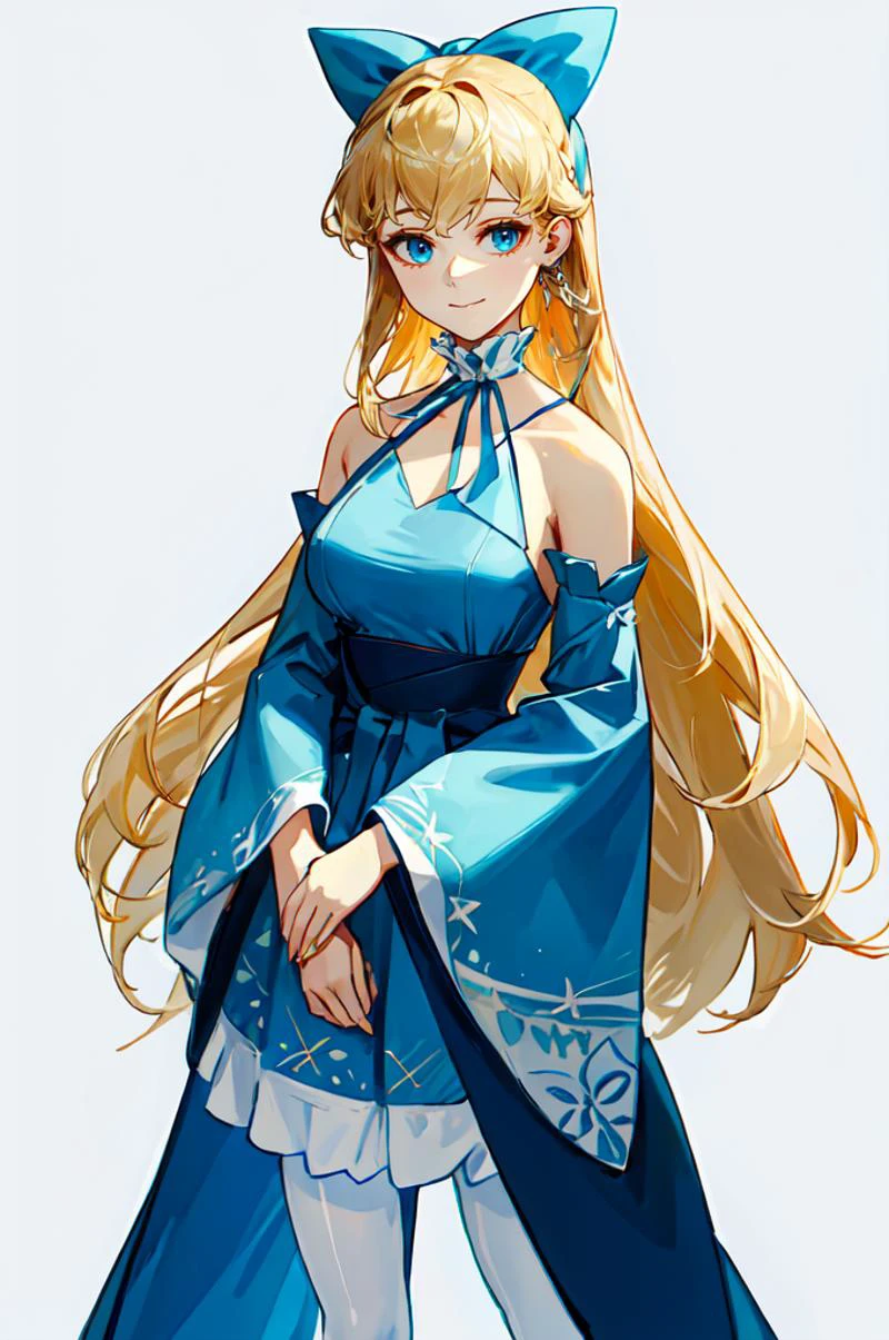 white and blue theme, <lora:Cotta_Style:1>, ultra detailed, masterpiece, best quality, solo, soft smile, light smile,
1girl, blue eyes, very long hair, blonde hair, long blonde hair, french braid, bangs, medium breasts,
hair ribbon, frilled choker, criss-cross halter, sleeveless dress, high-waist skirt, backless dress, waist bow, detached sleeves, frilled sleeves, wide sleeves, pantyhose, patterned legwear, mary janes,