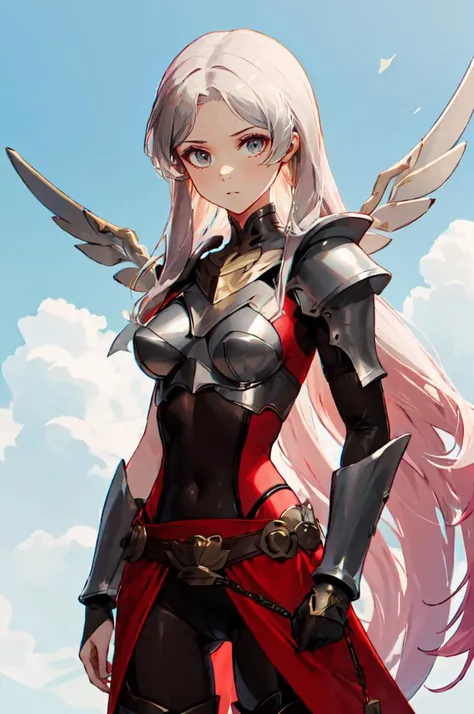 <lora:Cotta_Style:1>, ultra detailed, masterpiece, best quality, solo, serious, 1girl, (white eyes:1.1), (grey eyes:1.3), white hair, very long hair, parted hair, parted bangs, <lora:parted_hair_v1.3:1.3>, medium breasts, valkyrie, (bodysuit:1.1), pink wing hair ornament, grey armored skirt, black bodysuit, armor, gauntlets, pink breastplate, greaves, armored dress, pink hues,