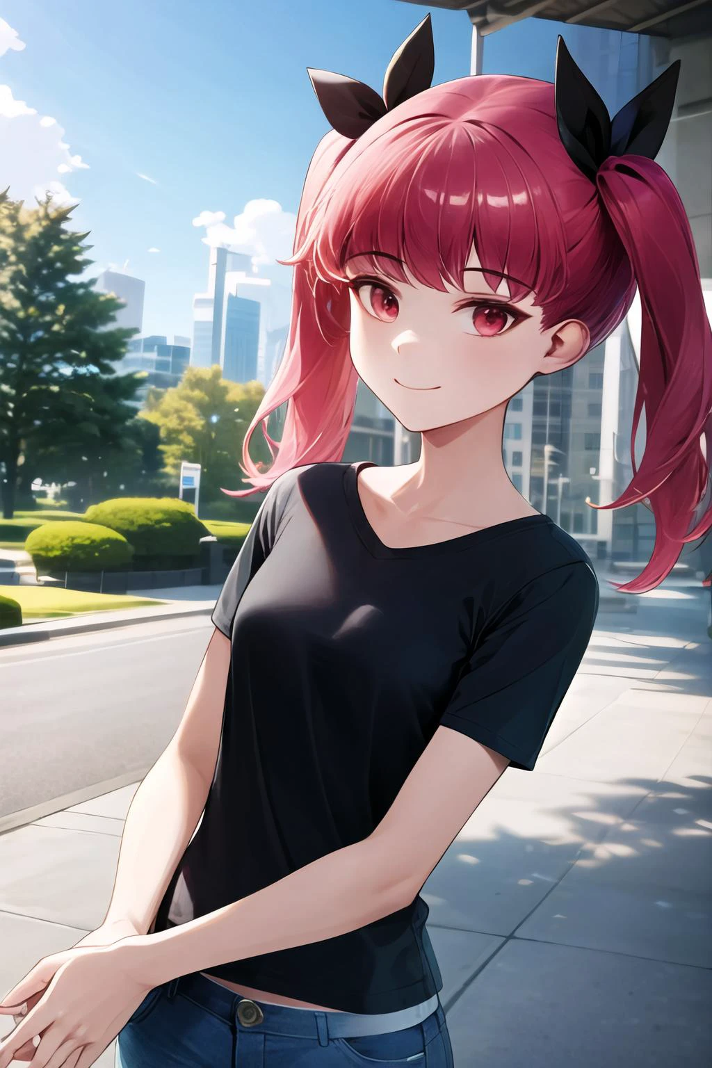 (high quality, high resolution:1.3), 4k, masterpiece, school, outdoors, park,
BREAK
<lora:Cotta_Style-21:1>, 1girl, upper body, casual clothes, shorts, blue shorts, shirt, black shirt, red eyes, pink hair, twintails, short twintails, breasts, small breasts, smile, <lora:NoiseOffset_v2:1.0><lora:NoiseOffset_v2:1.0>