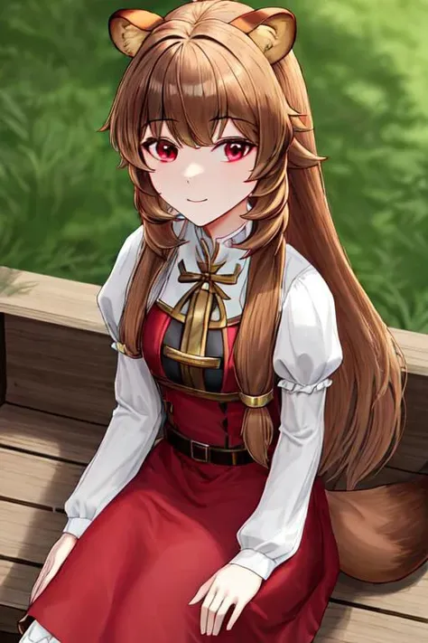 masterpiece, best quality, highres, 1girl,raphtalia, long hair, bangs, brown hair, animal ears, raccoon ears, raccoon tail, raccoon girl, (red eyes:1.3), arm garter,belt,brown belt,brown dress,dress,juliet sleeves,long sleeves,puffy sleeves,short dress smile, cowboy shot, upper body, thighs, zettai ryoiki, sitting, bench, detailed background, against wall, scenery, grass,