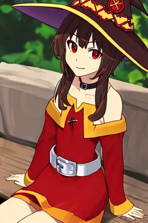 high quality, best quality, masterpiece, Megumin, sitting, brown hair, red eyes, sidelocks, looking at viewer, hands behind back, light smile, cowboy shot, upper body,