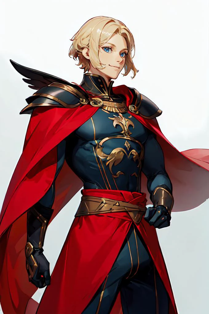 <lora:Cotta_Style:0.85> fighting stance,, ultra detailed, masterpiece, best quality, solo, smile, red theme, 1boy, blue eyes, medium blonde hair, parted bangs, hair intakes, male focus, muscular male, armor, pauldrons, cuirass, gauntlets, waist cape, greaves, black bodysuit, surcoat, shoulder sash, wing shoulder armor, cape, pants,