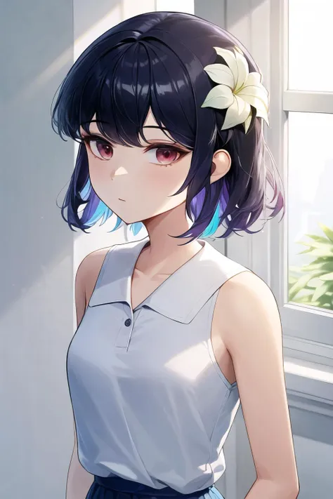 (high quality, high resolution:1.3), 4k, masterpiece,
BREAK
<lora:Cotta_Style-21:1>, 1girl, upper body, medium hair, bare shoulders, school uniform, white shirt, skirt, hair flower, flower, white flower, red eyes, black hair, detailed face, breasts, small breasts, eyelashes, mole under eye, multicolored hair, purple hair, <lora:NoiseOffset_v2:1.0><lora:NoiseOffset_v2:1.0>