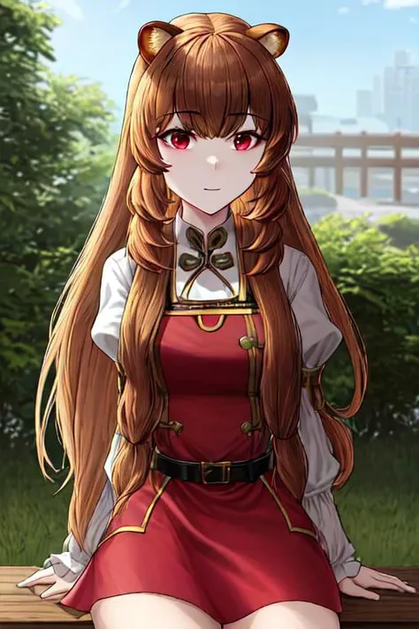 masterpiece, best quality, highres, 1girl,raphtalia, long hair, bangs, brown hair, animal ears, raccoon ears, raccoon tail, raccoon girl, (red eyes:1.3), arm garter,belt,brown belt,brown dress,dress,juliet sleeves,long sleeves,puffy sleeves,short dress smile, cowboy shot, upper body, thighs, zettai ryoiki, sitting, bench, detailed background, against wall, scenery, grass,