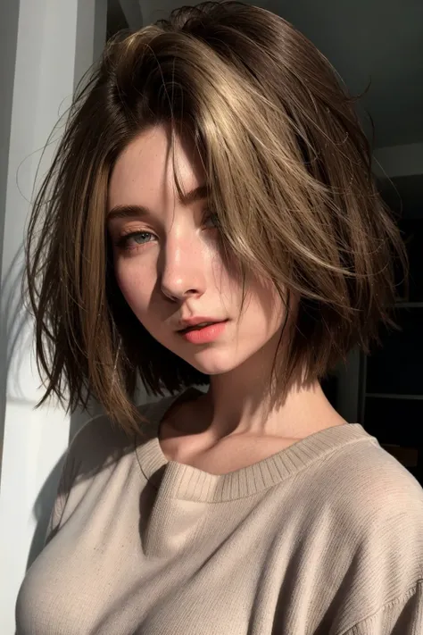 masterpiece,(best quality:1.2),girl,<lora:vixenp:0.7>,haircut,(brown|blond hair),sweater,