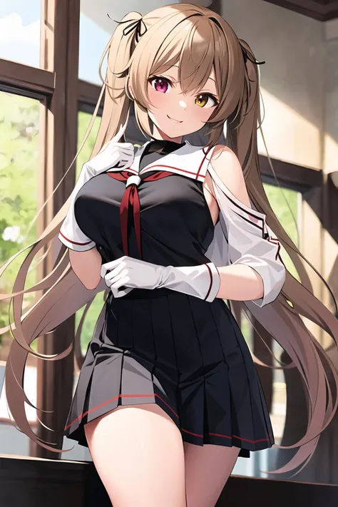 (masterpiece, best quality:1.2),kcmurasame,red eye,yellow eye,heterochromia,long hair,black serafuku, asymmetrical clothes,
solo,1girl, smile, looking at viewer,breasts, <lyco:kancolle_murasame_v1.0:1.0>