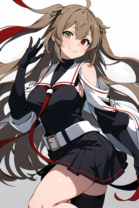 (masterpiece, best quality:1.2),kcmurasame,(red eye:1.2),yellow eye,heterochromia,long hair,black serafuku, asymmetrical clothes,
solo,1girl, smile, looking at viewer,breasts, <lyco:kancolle_murasame_v1.0:1.0>