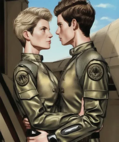 (masterpiece), (best quality), (high res) 2boys, (perfect anatomy) (perfect face) anime boy, (crossdresser), medium dark brown hair, red eyes, brown skin, wide hips, narrow waist and thick thighs, flustered, brushing, standing in space, flat chest, (full body suit), (visible bulge), (skin tight space green quantum space suit) man, fair skin, white hair, yellow eyes, in outer space, (gay sex) (kissing) (French kiss) (kissing each other)