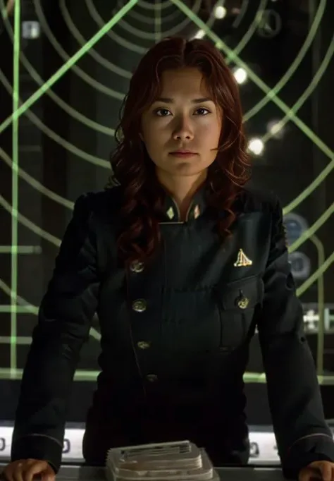 terrified ginger young woman in Battlestarofficer standing in galacticaCIC room<lora:Viperpilotsuitv07:1> ,in a lobby,RAW photo, 8k uhd, dslr, soft lighting, high quality, film grain, higly detailed face,Fujifilm XT3