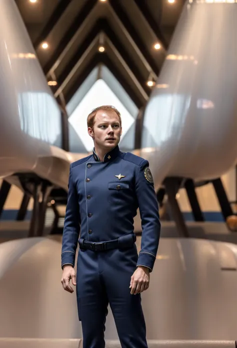 worried ginger man dressed in Battlestarofficer is inspecting a spaceship hangar <lora:ViperpilotsuitV09:0.7>,navy blue suit,RAW photo, 8k uhd, dslr, soft lighting, high quality, film grain, higly detailed face,ultra detailed,masterpiece quality,Fujifilm XT3