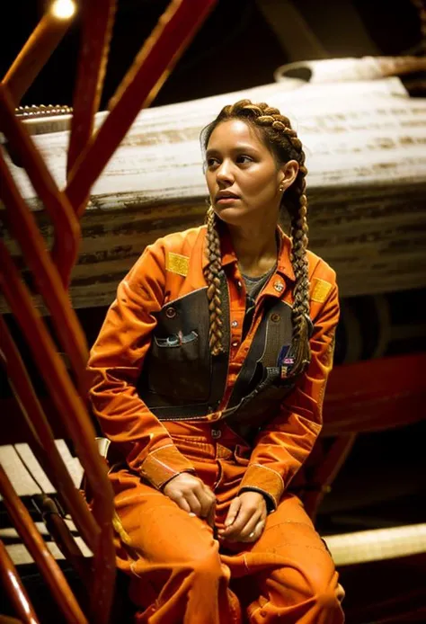 a scared woman in orange bsgdckcrw is sitting<lora:viperpilotsuitv08:0.9>,one person,(long brown braided hair:1.3),spaceship hangar,RAW photo, 8k uhd, dslr, soft lighting, high quality, film grain, higly detailed face,ultra detailed,masterpiece quality,Fujifilm XT3