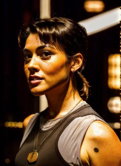 happy black haired woman dressed in bsgpltoffdty is standing in a bar <lora:ViperpilotsuitV09:1>,ponytail,RAW photo, 8k uhd, dslr, soft lighting, high quality, film grain, higly detailed face,ultra detailed,masterpiece quality,Fujifilm XT3