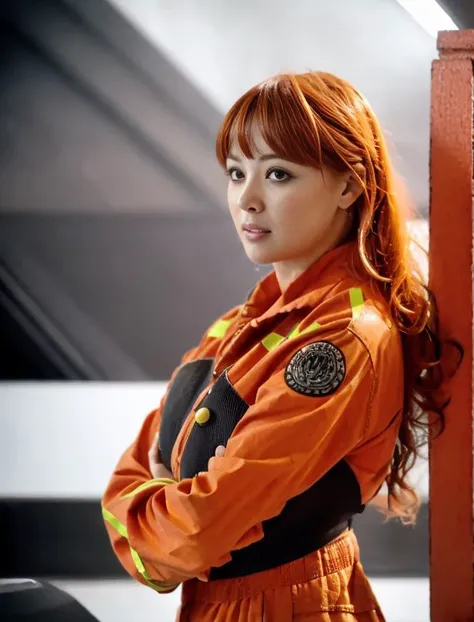 a scared woman in orange bsgdckcrw is looking at machines<lora:viperpilotsuitv08:0.9>,(long ginger curly hair:1.3),spaceship hangar,RAW photo, 8k uhd, dslr, soft lighting, high quality, film grain, higly detailed face,ultra detailed,masterpiece quality,Fujifilm XT3