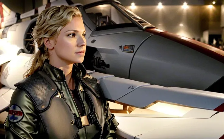colonialviper fighter jet and a blond woman in a Viper Pilot Suit military uniform <lora:Viperpilotsuitv05:1> , 1 woman,RAW photo, 8k uhd, dslr, soft lighting, high quality, film grain, Fujifilm XT3