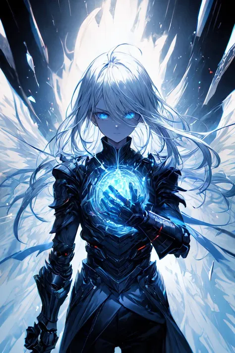 best quality, masterpiece, 1girl, solo, flat chest, black coat, expression face, looking at viewer, blue eyes, long hair, black pants, white hair, ahoge, upper body, monochrome background, broken window behind, half-closed eyes, swirling broken glass pieces background, <lora:r1ge - AnimeRage:0.4>, <lora:Gloomifier_TheDread_V1_LECO:1>, <lora:add_detail:1>, blue crystal, blue magic, hair between the eyes, armored, futuristic, white fabric extension, armored gauntlets, exoskeleton, energy wings