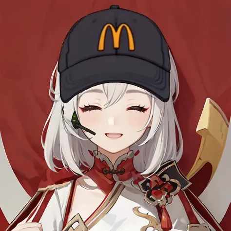 masterpiece, absurdres, mcdonald's hat, mcdonald's profile photo, 1girl, parted lips,smile, closed eyes, open mouth, white hair, medium hair, breasts, (simple background), chinese dress,