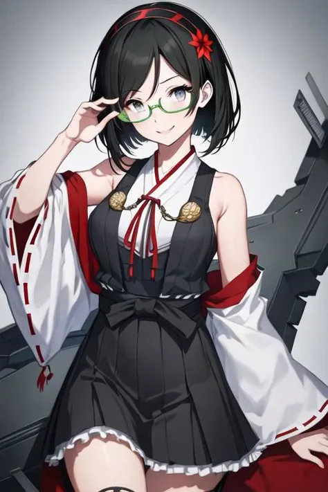 kirishima_kantaicollection,short_hair, glasses, black_hair, hairband, nontraditional_miko, green-framed_eyewear, headgear, smile, breasts
(best quality, masterpiece), unity 8k wallpaper,official art,extremely detailed CG,,face focus,(eye focus:1.4),(beautiful detailed eyes:1.4),(game cg:1.4),(draw the eyes clearly:1.4),