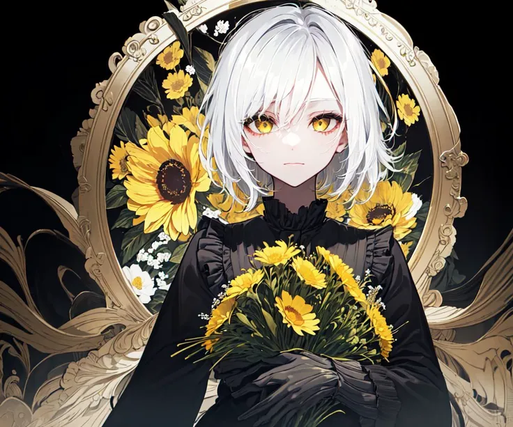 (best quality, masterpiece), (1girl, solo, black suit, standing , looking at viewer, white hair, yellow eyes, closed mouth, upper body), (giant black bouquet background, floral_background)