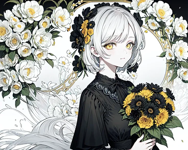 (best quality, masterpiece), (1girl, solo, black suit, standing , looking at viewer, white hair, yellow eyes, closed mouth, upper body), (giant black bouquet background, floral_background)