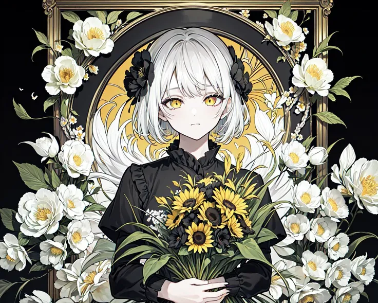 (best quality, masterpiece), (1girl, solo, black suit, standing , looking at viewer, white hair, yellow eyes, closed mouth, upper body), (giant black bouquet background, floral_background)
