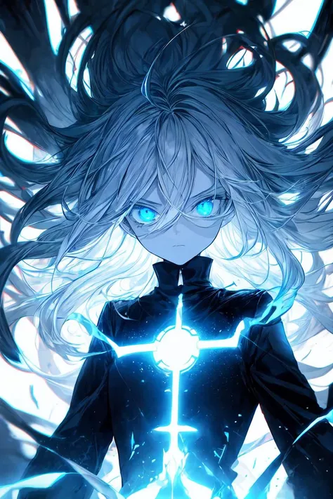 best quality, masterpiece, 1girl, solo, flat chest, black coat, expression face, looking at viewer, blue eyes, long hair, black pants, white hair, ahoge, upper body, monochrome background, broken window behind, half-closed eyes, swirling broken glass pieces background, <lora:r1ge - AnimeRage:0.4>, <lora:Gloomifier_TheDread_V1_LECO:1>, hair between the eyes, armored, futuristic, soft fabric waist extension, white trim, blue trim, blue portal behind, energy gate, <lora:add_detail:1>